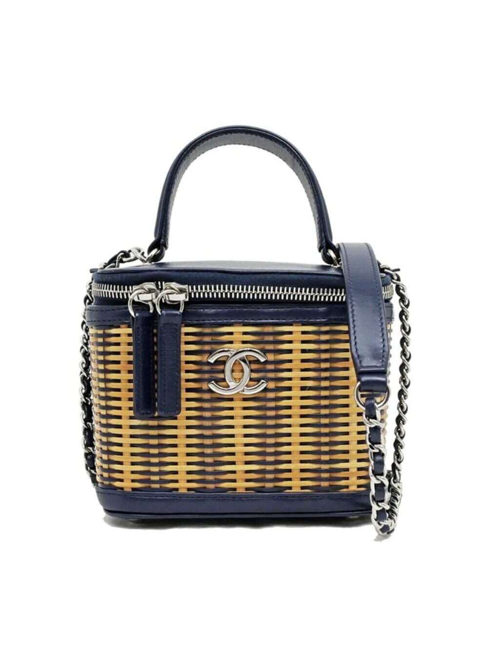 Chanel Chain Vanity Brown Navy Silver Rattan Leather Shoulder Bag CC Logo